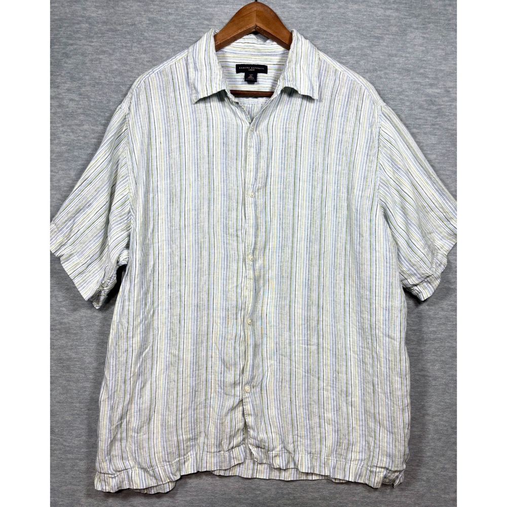 Banana Republic Mens XL Linen Short Sleeve Button Down Striped Shirt Blue Green‎